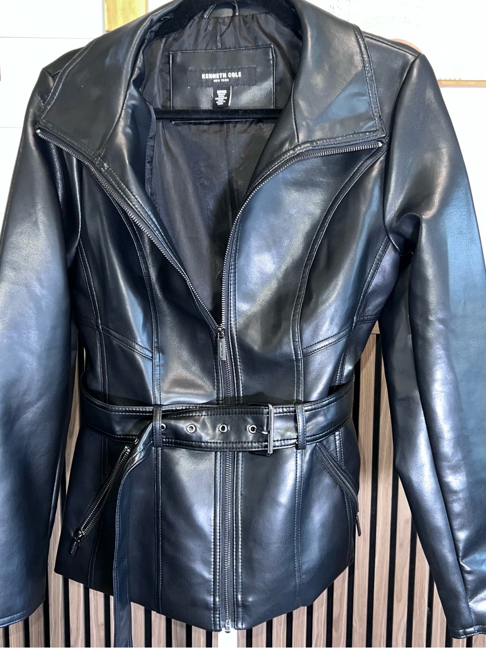 Kenneth Cole Black Belted Faux Leather Zip Jacket
